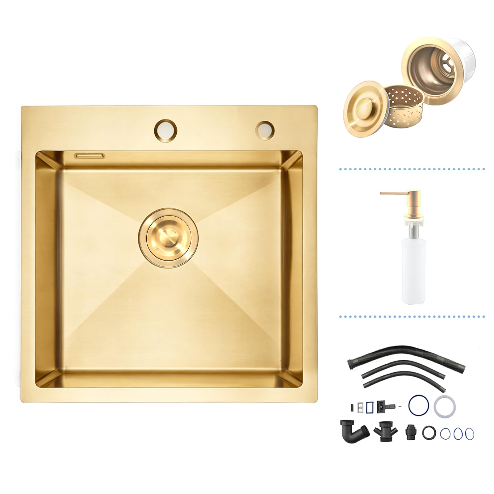 Gold Bar Drop in Kitchen Sink, 50 x 50 cm, RV Small Stainless Steel 16 Gauge Topmount Small Sink, Single Bowl Gold Wet Bar Outdoor Campervan, Basin with Drain Strainer.Soap Dispenser