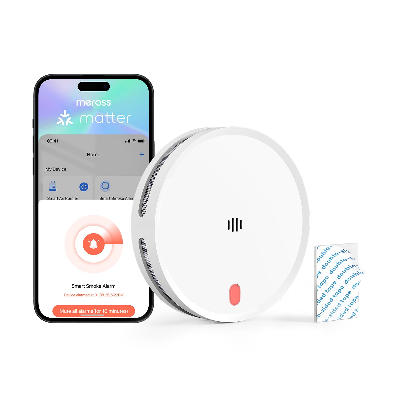 Meross Smart Detector De Humo Conectado, Alarma De Incendios WiFi con Doble Sensor Óptico, Alarma De Fuego con Notificación App, Detector De Humos, 33 mm, Hub Requerido, 1 Unidad