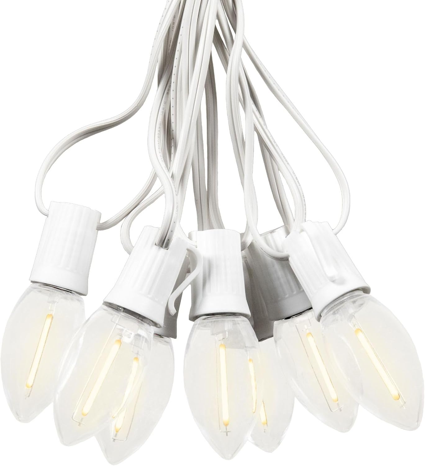 Novelty Lights 25 Ft Vintage LED C9 Warm White Transparent Christmas String Lights – 25 Shatterproof Plastic Bulbs, 12" Spacing White Wire, Classic Filament Glow, Indoor Outdoor Holiday Lighting Transparent Warm White (White Wire)