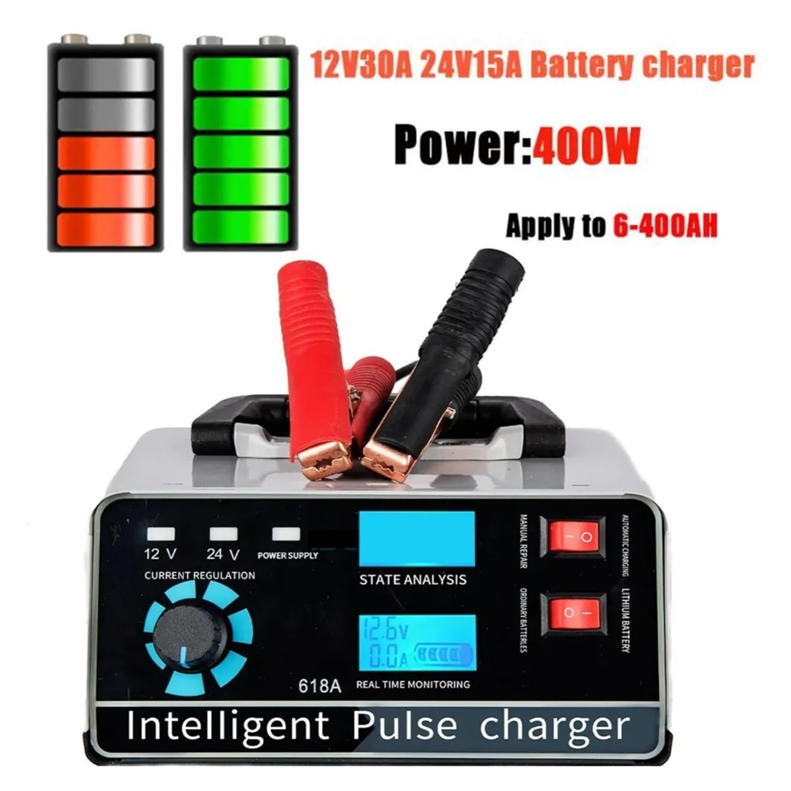 Chargeur de Batterie, Chargeur de batterie automatique 12 V/24 V 30 A avec charge en 3 étapes, charge intelligente et réparations