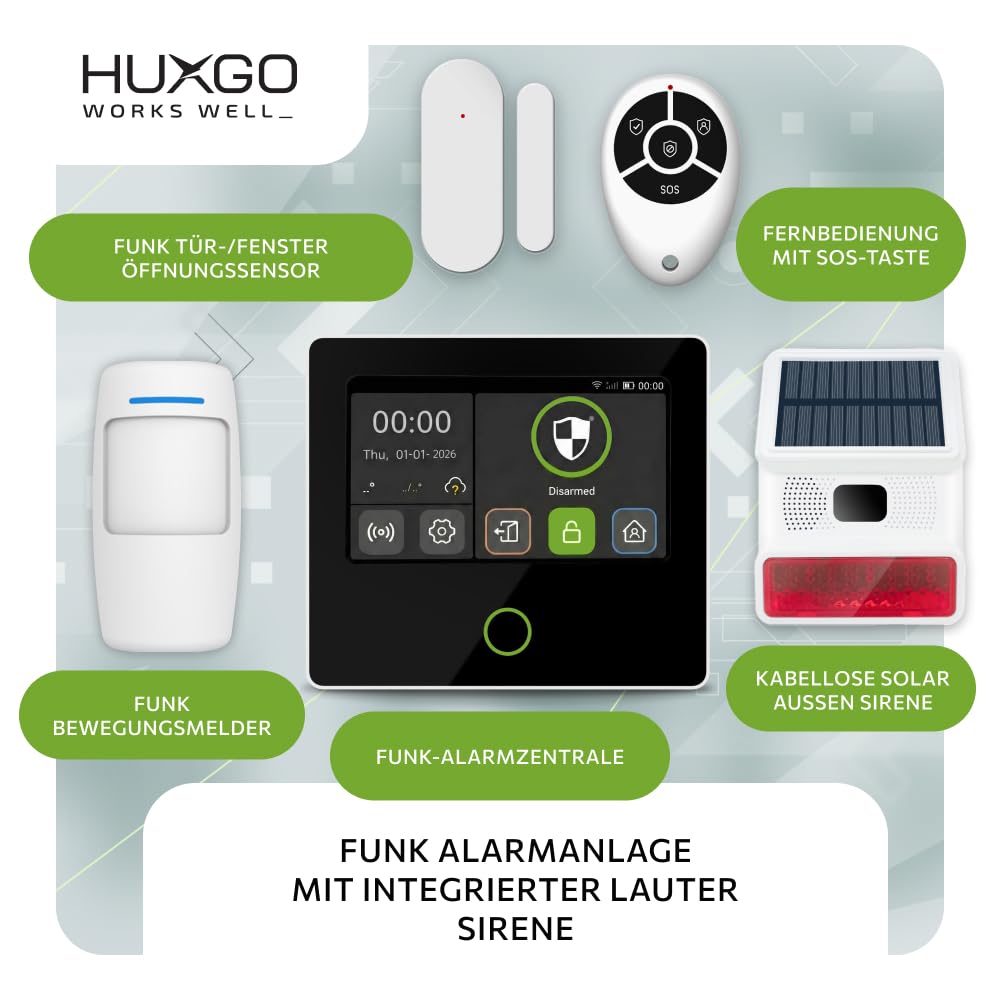 Funk Alarmanlage Set Haus mit Solar-Alarmsirene WLAN + GSM 4G | 1x Bewegungsmelder, 1x Tür- & Fenstersensoren | steuerbar über das Smartphone/App – Modell HUXGO HXA502