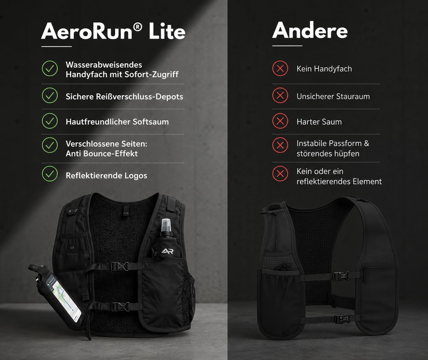 Lite | Laufweste Damen & Herren mit Trinkflasche & Handyhalterung | ultraleichte Trinkweste Laufen | Laufrucksack & Running Vest | Touchscreen & Face-ID kompatibel
