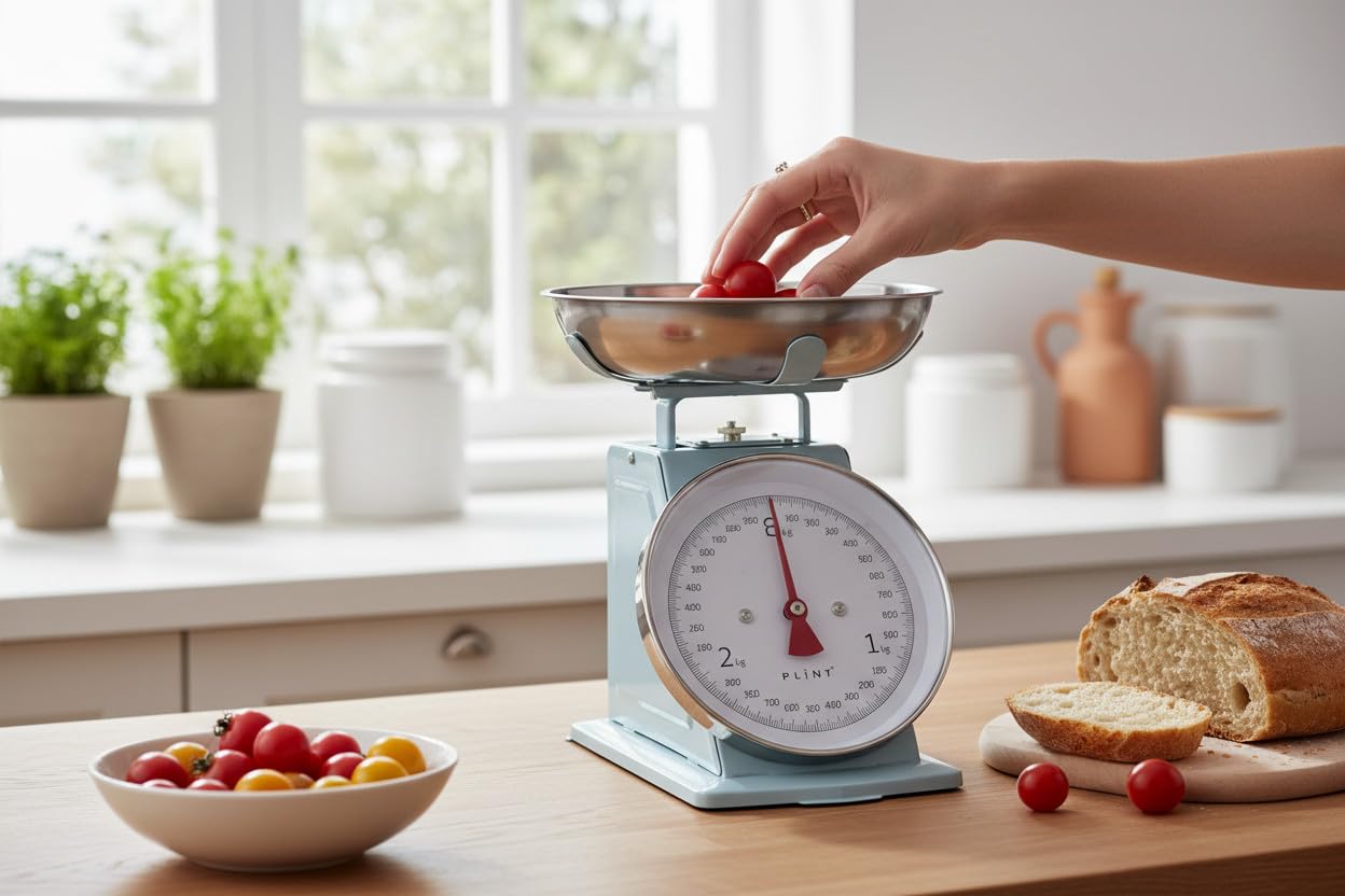 LS-LebenStil Vintage Küchenwaage Retro Blau Manuelle Analoge Backwaage großes Ziffernblatt mit 1L Edelstahl Schüssel ohne Batterie/Strom Küche Waage