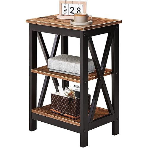 VECELO Nightstand Sofa Side Table with 3-Tier Storage Shelf for Living Room, Bedroom, Stable Steel Frame, Easy Assembly, End, Walnut