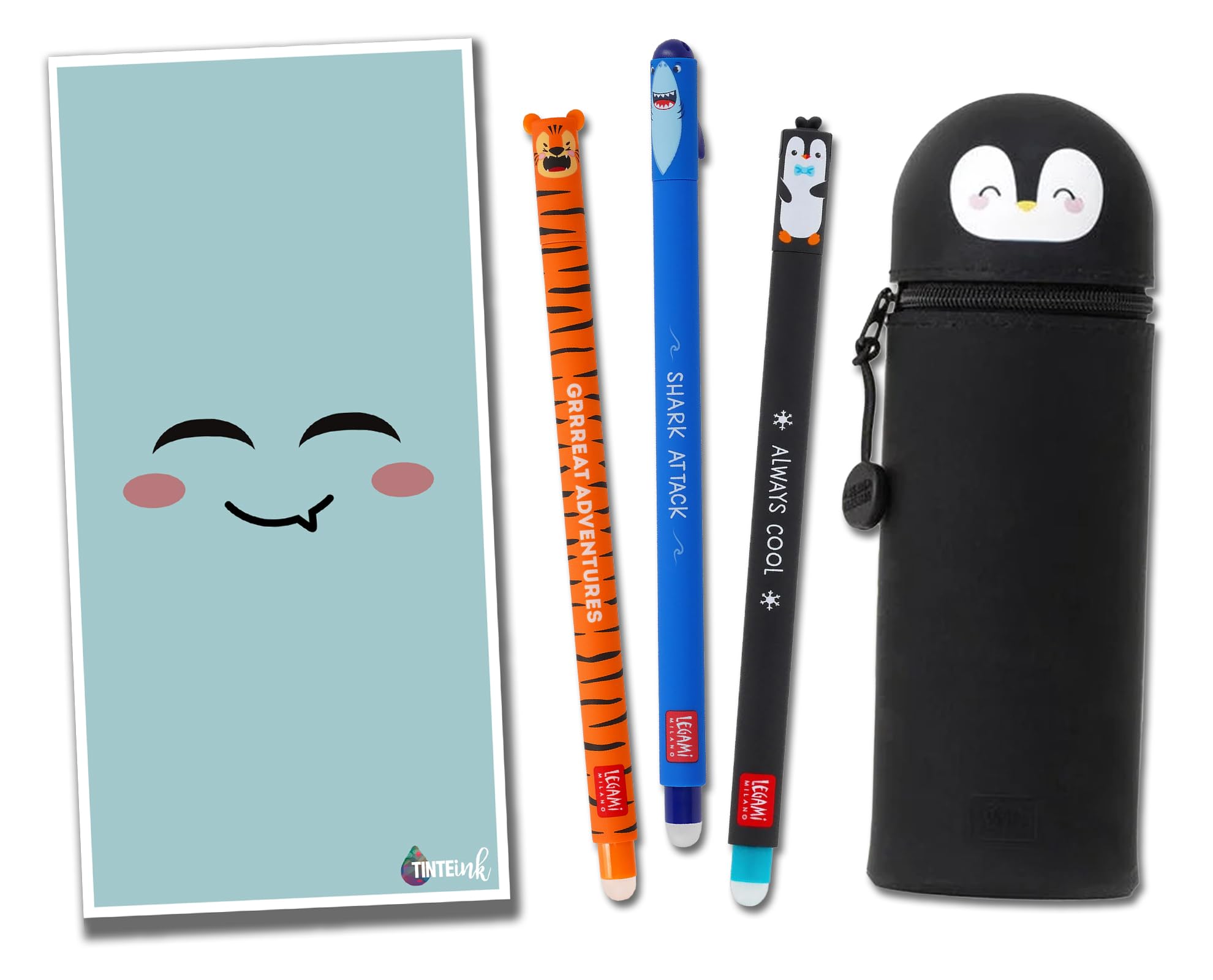 Tinte Ink Legami Erasable Pens with Matching 2 in 1 Silicone Pencil Case Gift Envelope! - Choose Cute Design! (Penguin Case Set)