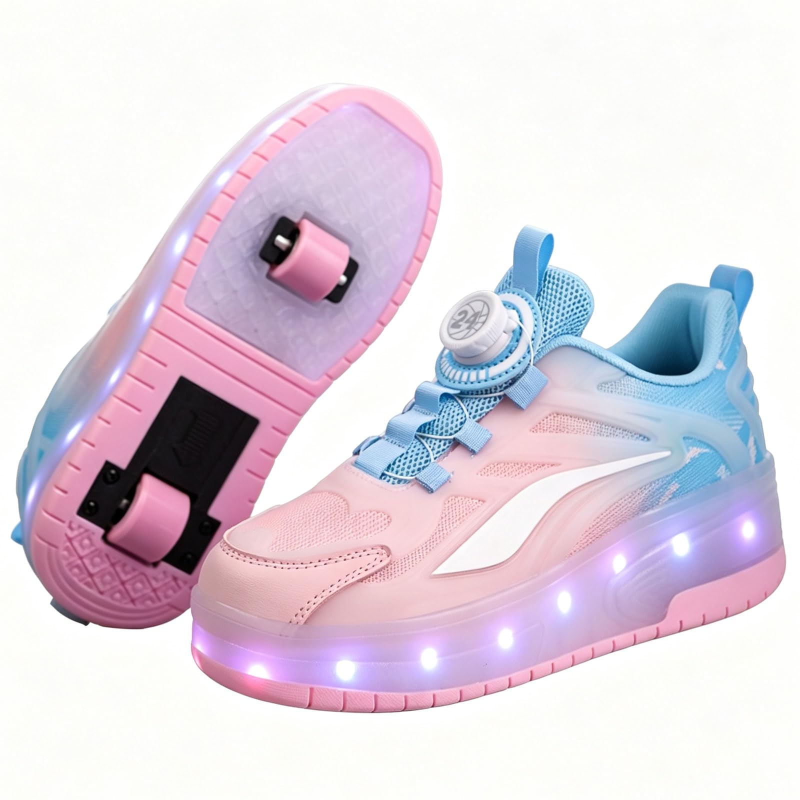 Wrotki dziecięce LED, buty sportowe z kołami, buty do deskorolki z dwoma kołami, chowane, tryb chodzenia i łyżwy, 7 kolorów, 11 trybów, na prezenty urodzinowe i bożonarodzeniowe