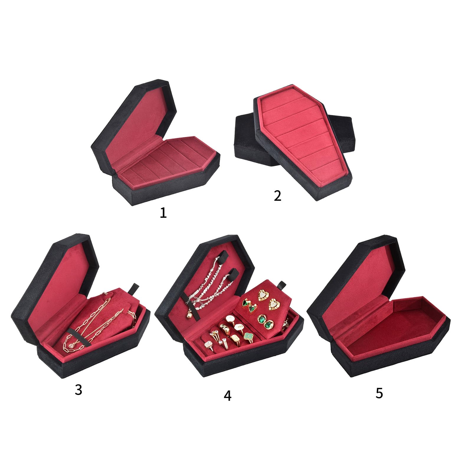 Joyero gótico con forma de ataúd, elegante, terciopelo, anillos, gargantilla, caja para decoración de joyas de Halloween