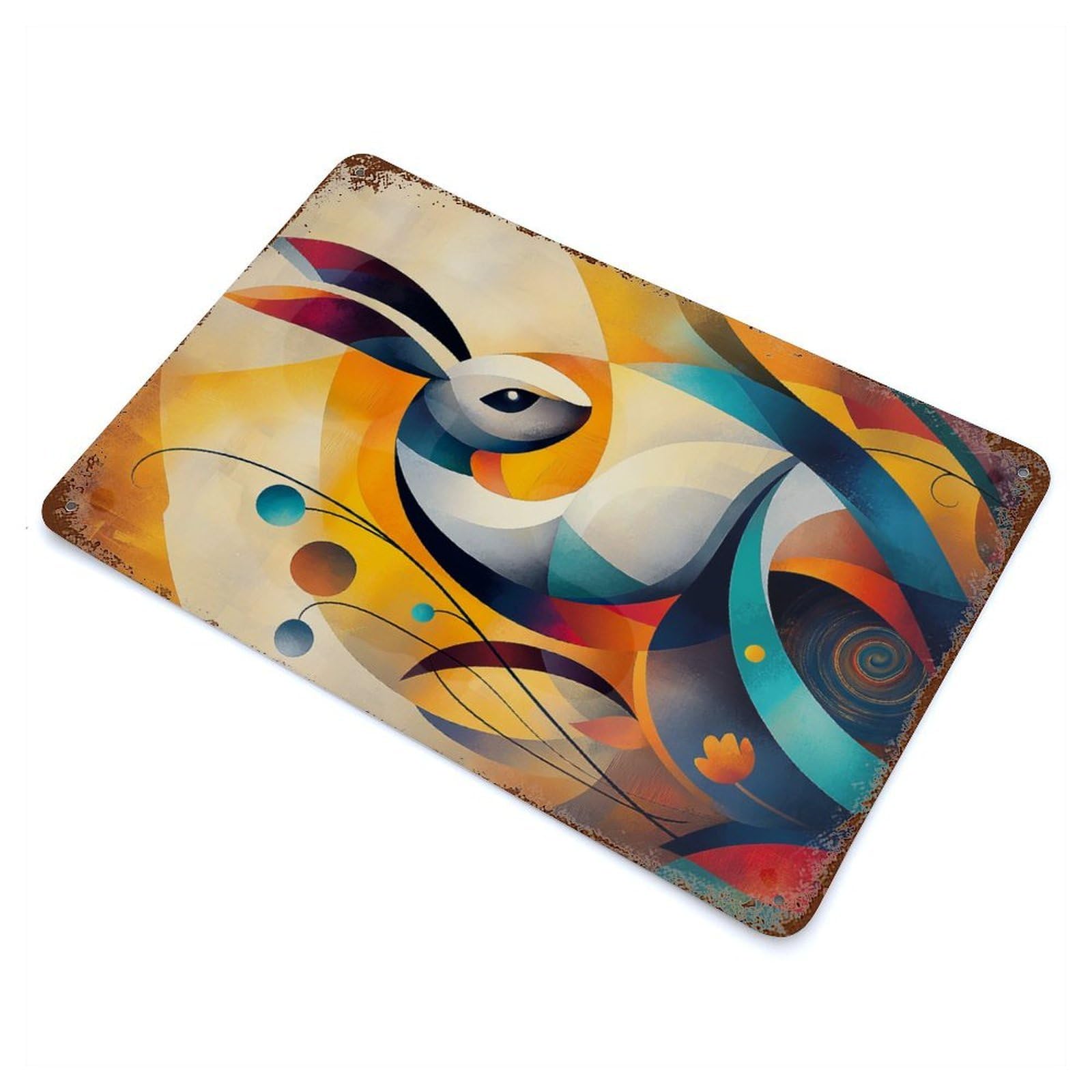 Rusty Metal Tin Sign with Modern Cubism Rabbit Design 11.8"x7.9", for Garage, Bar And Workshop Decor, Decorative Metal Wall Art