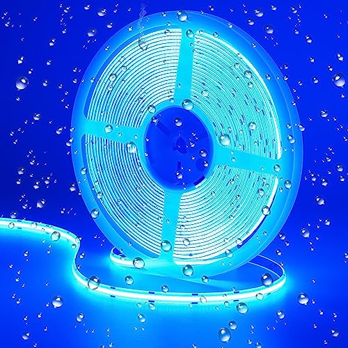 GOMING 24V 10M COB LED Strip Blauw IP65 Waterdicht 384LED/M Uniforme Emissie Flexibel LED Tape Zelfklevend voor DIY KTV Bar Decor(Voeding niet Inbegrepen)
