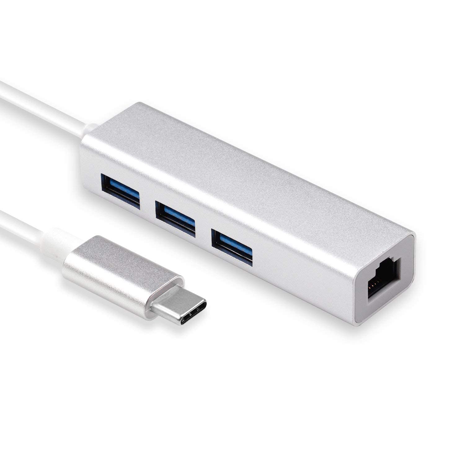 VOOCME USB 3.0 Type C 3.1 for RJ45 Ethernet LAN Adapter Cable with 3 Ports USB Hub Compatible with MakBook, PC.(White)-image-1