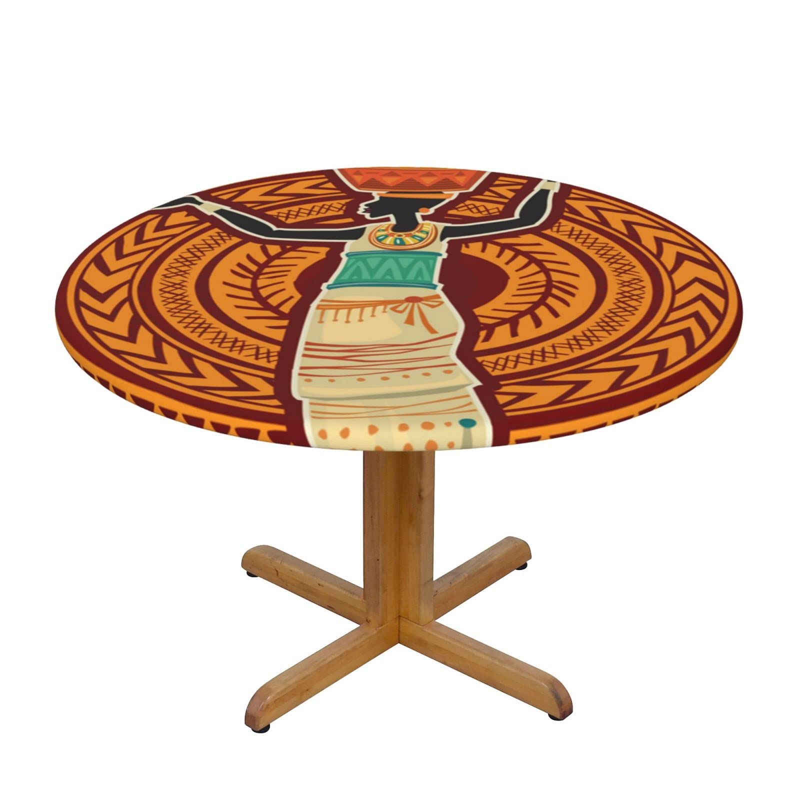 Lsjuee Round Fitted Tablecloth 45-50in Elastic Edged Table Cloth for Kitchen Dining Party Home Decor - African Tribal Women Ethnic Colorful