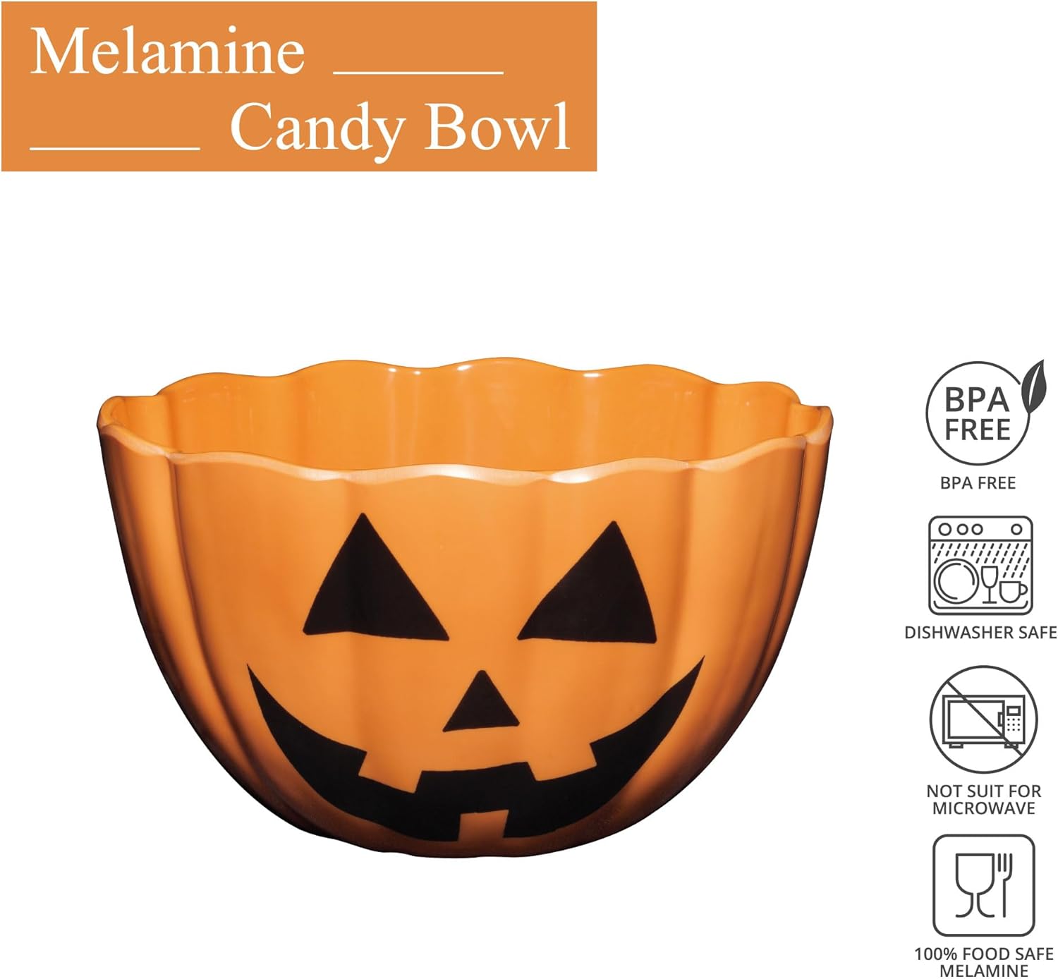 UPware Halloween Pumpkin Melamine Candy Bowl, Mixing Bowl for Charcuterie, Food, Fruit, Salad, and Snack, BPA-Free, Dishwasher Safe, Shatter-Proof, Orange, 9 Inch