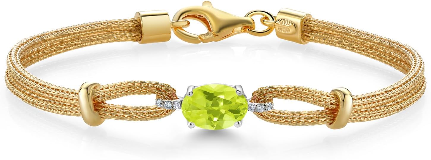 Gem Stone King 925 2 Tone Sterling Silver Yellow Lemon Quartz and White Lab Grown Diamond Bracelet For Women (1.14 Cttw, Gemstone, Oval 8X6MM, 6.5/7/7.5 Inches, Made In Italy)