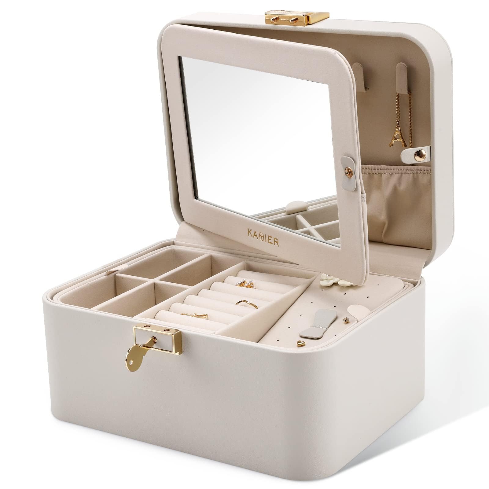 KAMIER Jewelry Box for Women Double Layer PU Leather Jewelry Organizer with Mirror Lockable Display Earrings Rings Necklace Bracelet (Gray)