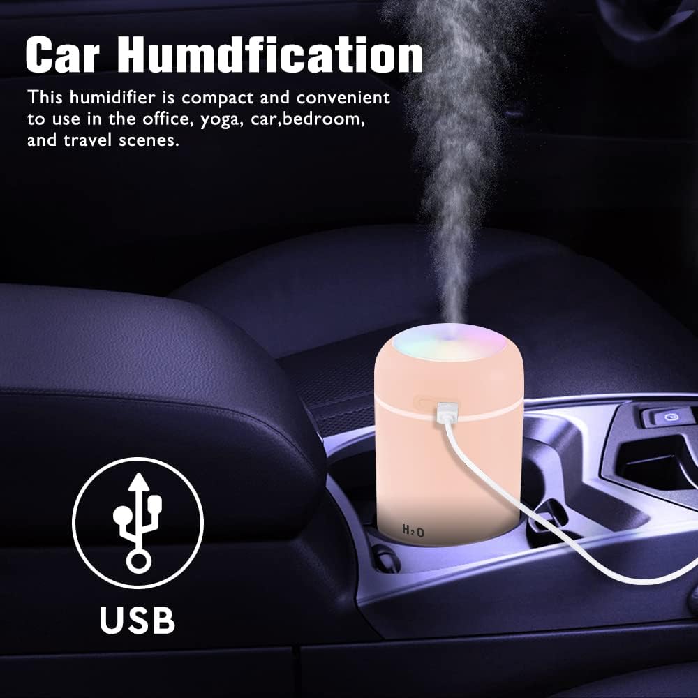 Colorful Cool Mini Humidifiers with LED Night Light, USB 300ml Mist Humidifiers for Car Office Room Bedroom, 26db Quiet Ultrasonic Humidifiers, Portable Diffuser for Essential Oils