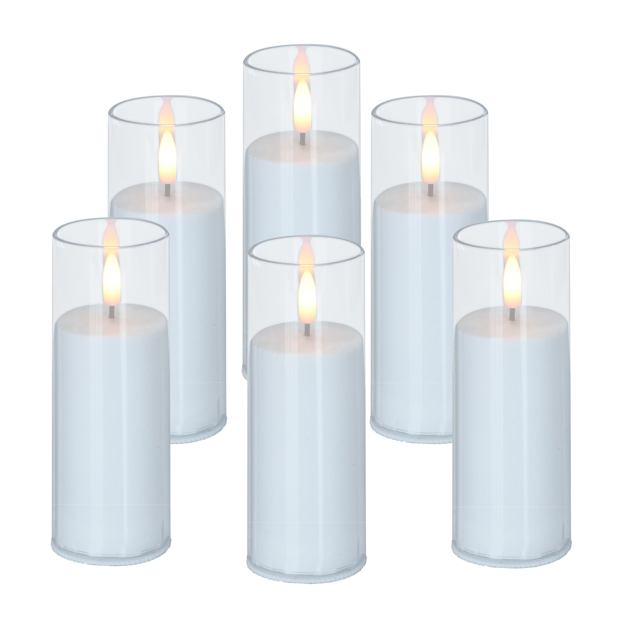 CANDLE CHOICE Indoor Outdoor Flameless Candles with Timer Waterproof Realistic Flickering Battery Operated Pillar LED Lights with Acrylic Shell Wedding Party Christmas Decorations 6 Pack 2”x6” Clear