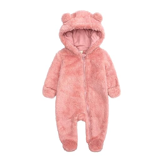 Baby Girls Cute Romper Cartoon Bear Pattern Snowsuit Fleece Hooded Footies Jumpsuit for 0-3 Month Baby Pink