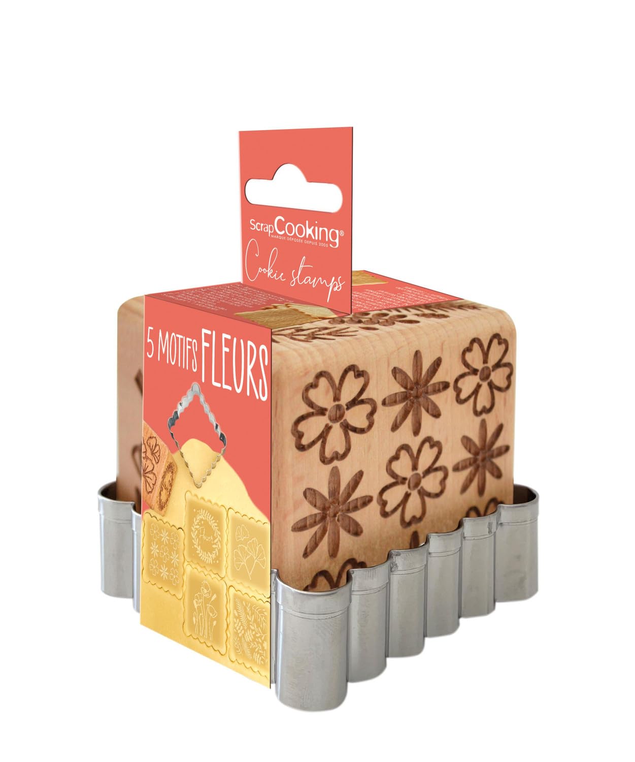 ScrapCooking 5122 Wooden Pastry Stamp with 1 Cookie Cutter, Biscuit & Cube Deco Flower with 5 Embossed Sides Embossed Mould Decoration - Silver