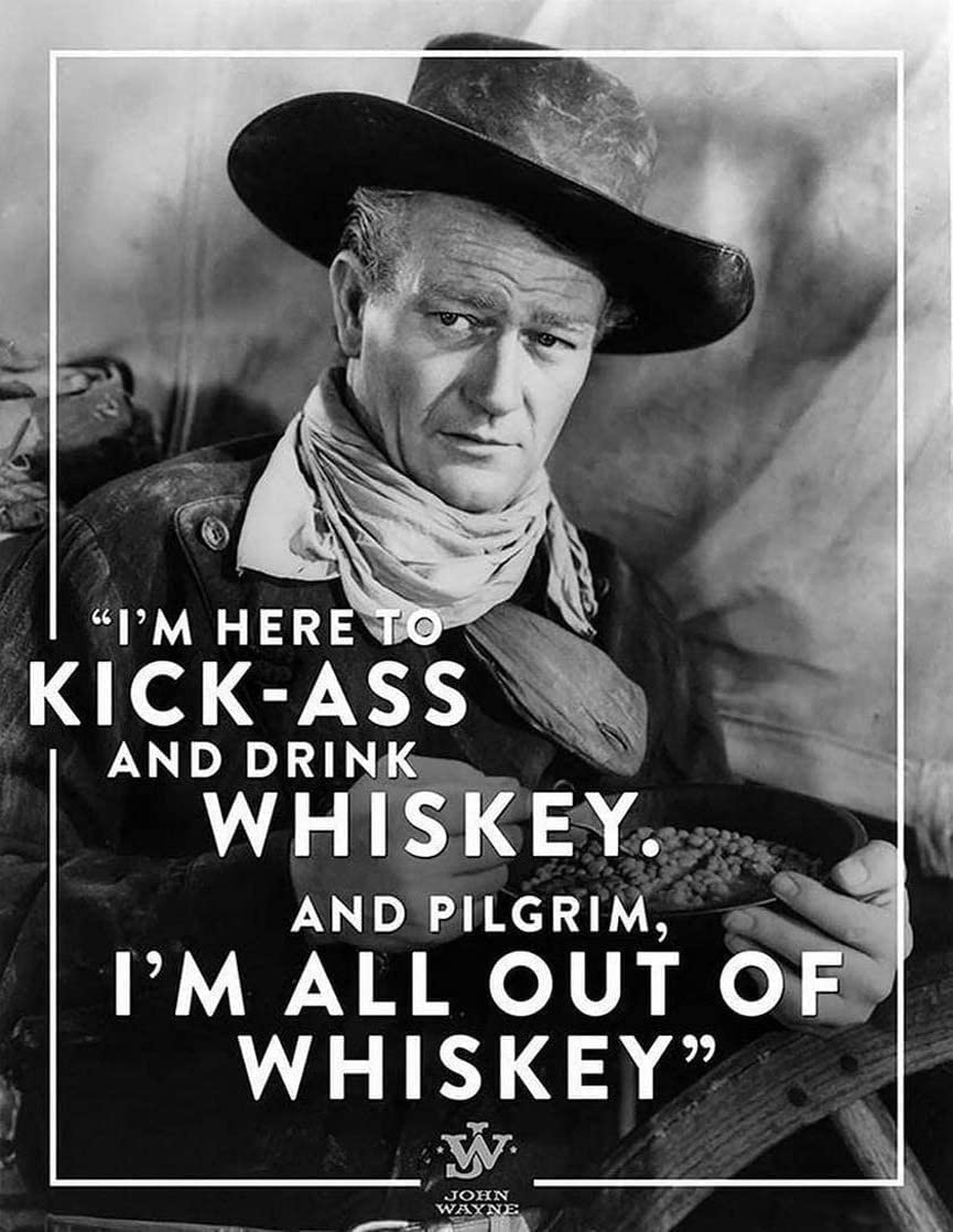 Tin Sign Silver Vintage Retro Man Cave Bar Pub Shed Novelty Gift Aluminium Metal Tin Wall Décor Sign - Cowboy John Wayne Kick Ass Drink Whiskey Quote