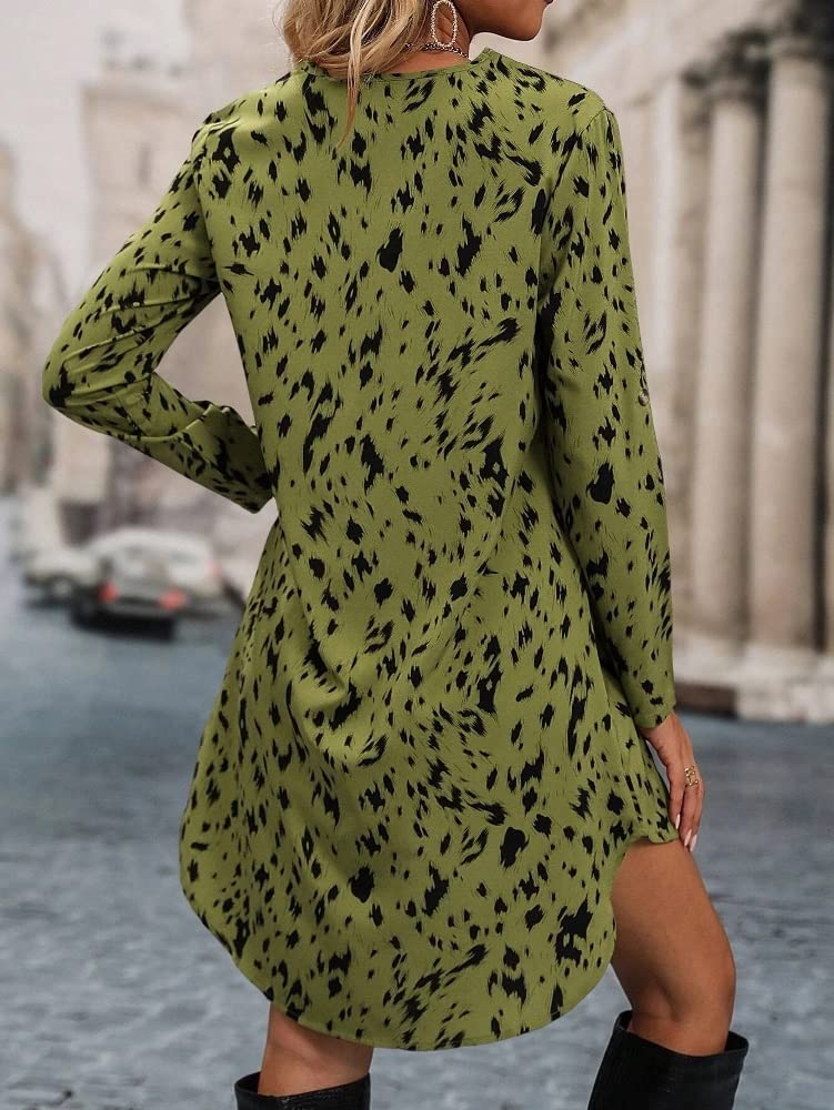 Om Sai Latest Creation Western Dress || Rayon All Over Leopard Printed Western Dresses For Women || Roll Up Sleeve & V-Neck A-Line Dress || Summer Short Dresses For Women. (Large, Olive)