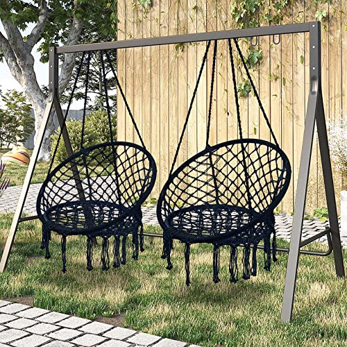 Image of Garpans Macrame Hammock Set of 2 - Bohemian Style Hammock Swing Chairs with Tassels - Handmade Knitted Cotton Rope - Indoor /Outdoor - Max 330 Lbs - Black