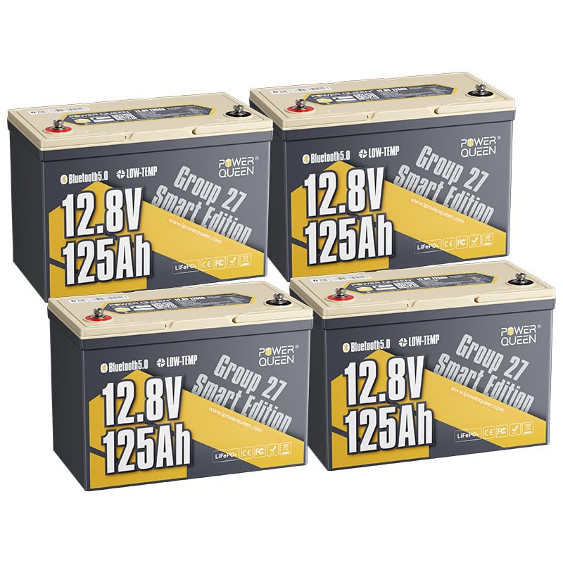 Image of Power Queen Lithium Battery 12V 125Ah, Bluetooth Group 27 LiFePO4 Battery with Low-Temp Protection, 1600Wh Energy Max. 15000 Cycles for RV, Solar System, Trolling Motor