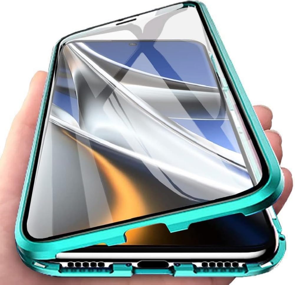 Case Compatible for VIVO V40 5G,Magnetic Adsorption Metal Bumper Frame with Transparent Tempered Glass Screen Front and Back, 360 Degrees Protection Case, Camera Lens Protectors Cover,Green