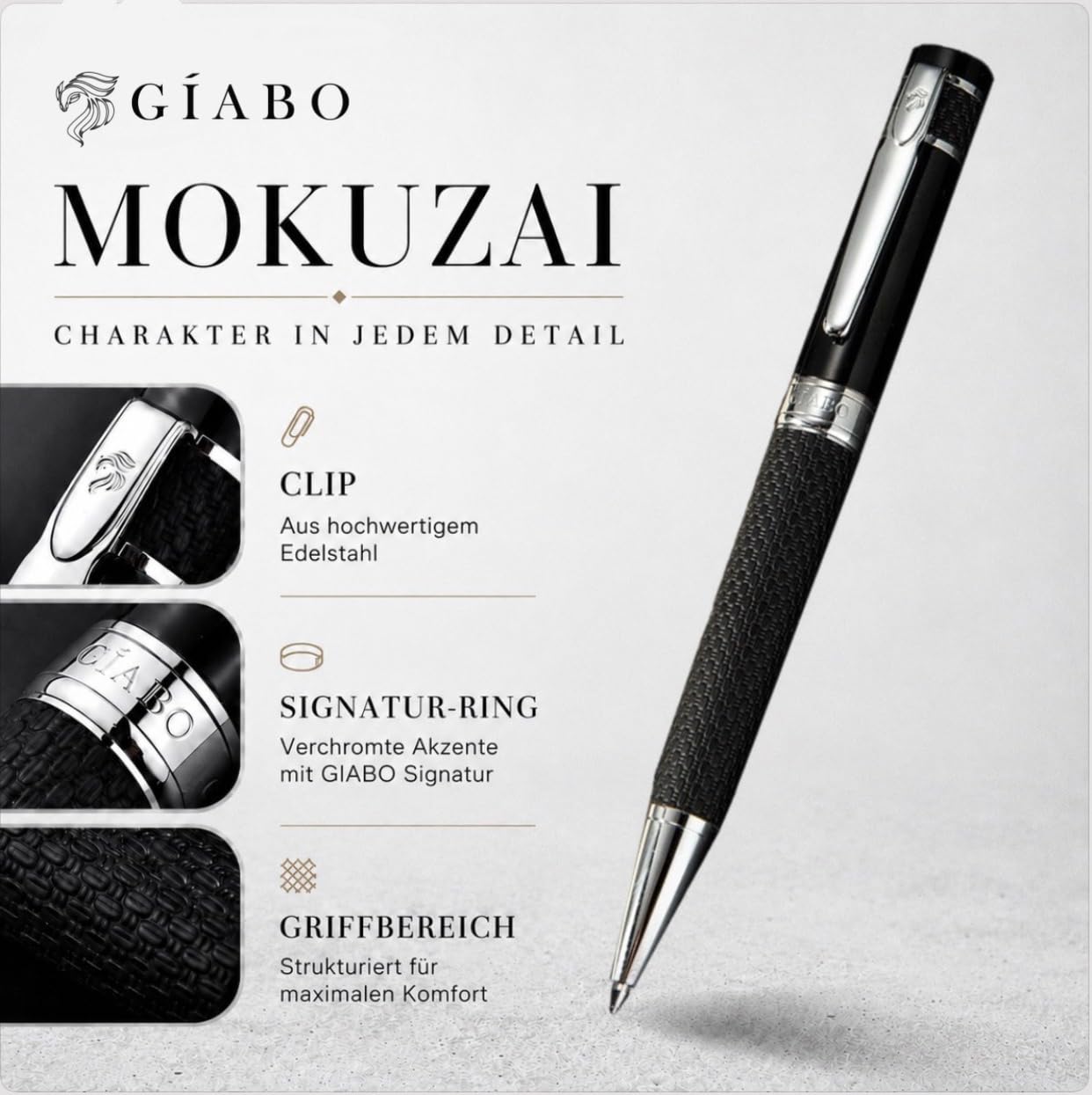 Gíabo Kugelschreiber hochwertig mit PU-Leder-Schaft und Chrome-Details | Schwarz schreibend | Edelstahl- und Messing-Mischung | Präzise Mine | Eleganter Business-Stift für Büro und besondere Anlässe