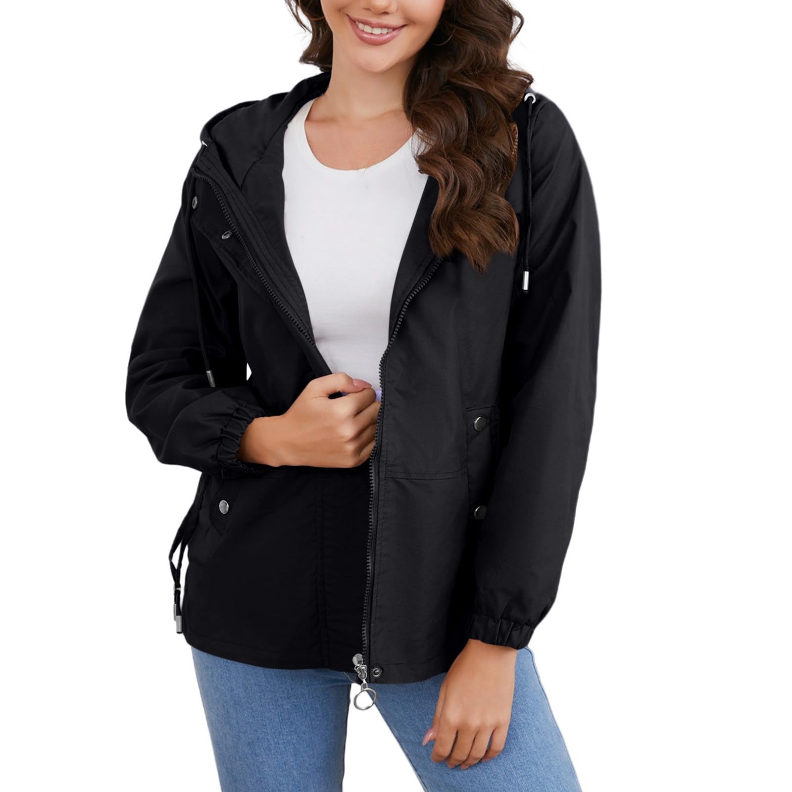 Giacca da donna corta, impermeabile, per le mezze stagioni, leggera, bomber con cappuccio, tinta unita, per ciclismo, per attività all'aria aperta, in softshell, tinta unita, da ciclismo