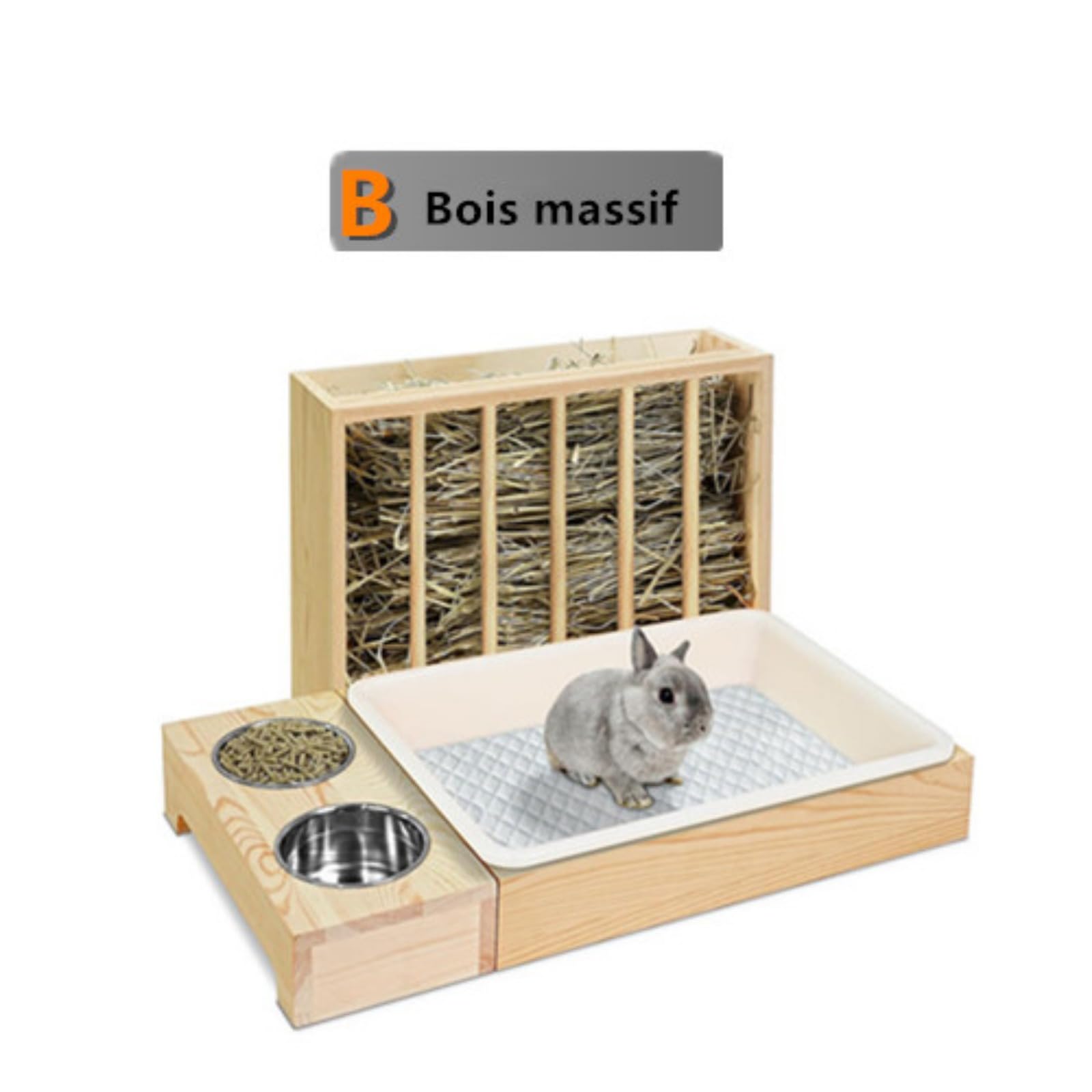 Mangiatoia per fieno in legno per conigli con lettiera per gatti ciotola per animali domestici 4 in 1, adatta per piccoli animali, conigli, criceti e porcellini d'India