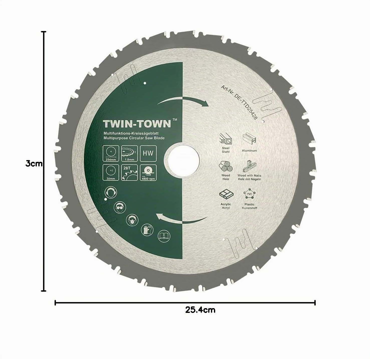 TWIN-TOWN HM - Hoja de sierra circular TCT multifunción (254 x 30 mm, 28 dientes, hoja versátil de carburo de tungsteno, ideal para madera, madera con clavos, acero, aluminio, acrílico