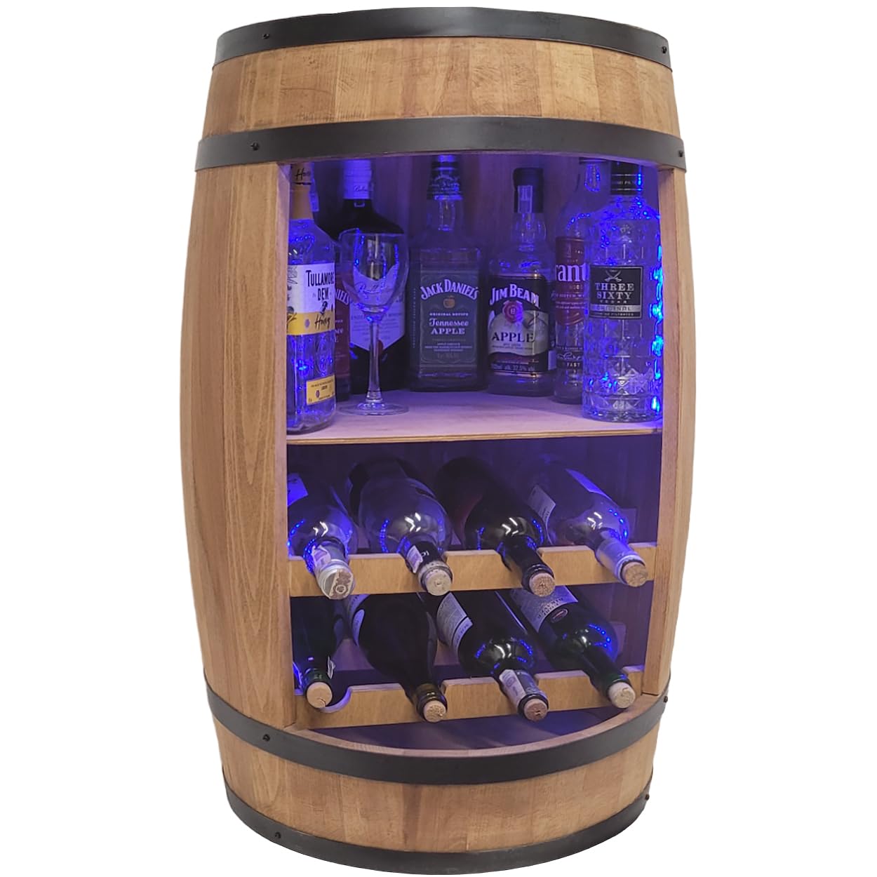 weeco Deko Fass Bar Weinregal aus Holz + RGB LED Beleuchtung, 80x50cm Möbel zur Aufbewahrung von Alkoholflaschen, Schrank für Alkohol, Schrank für 