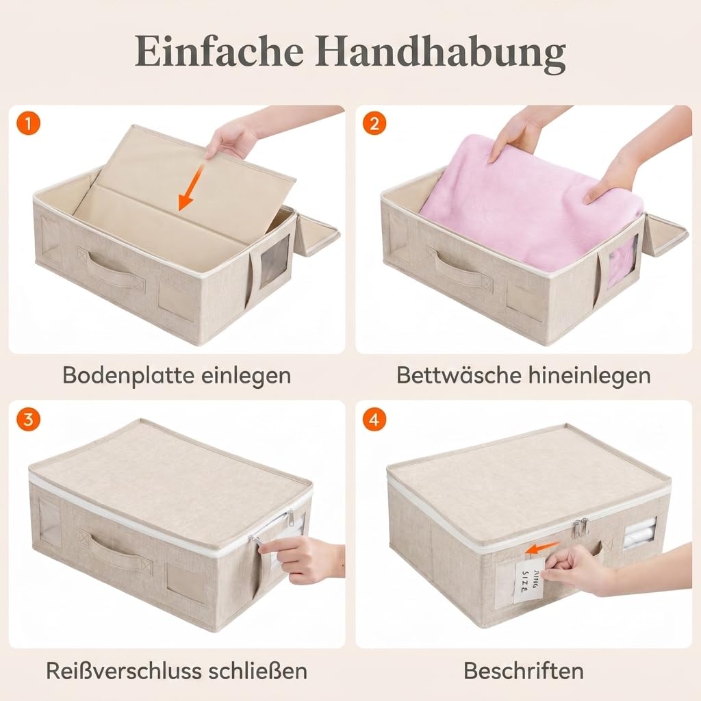 Lifewit 6 Stück Faltbare Aufbewahrungstasche für Bettwäsche, Aufbewahrungsbox mit 2 Sichtfenstern und 1 Etikett, 40 × 30 × 15 cm Organizer für Bettbezüge, Decken (Beige)