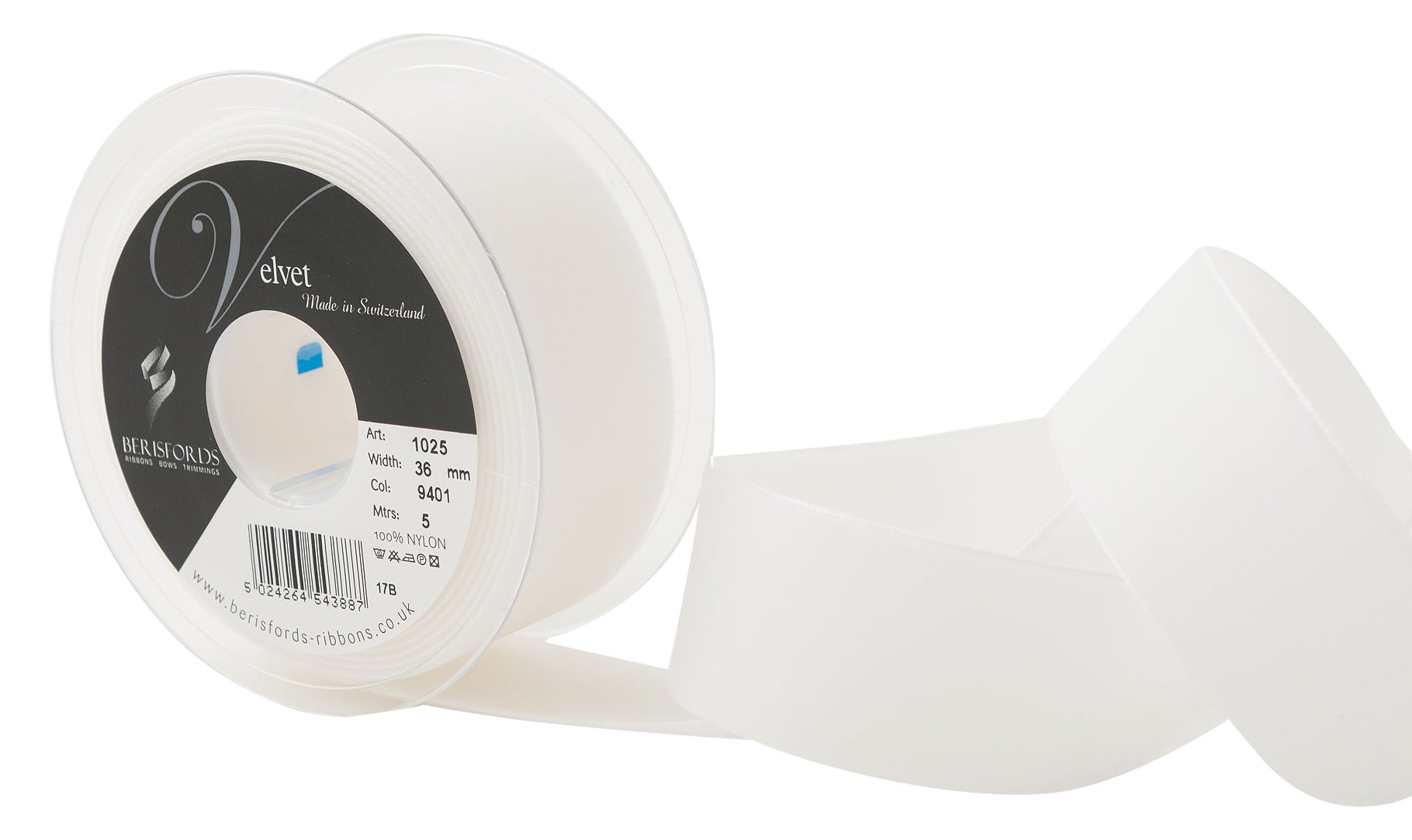 Berisfords 9401 White Velvet Ribbon Mini Roll