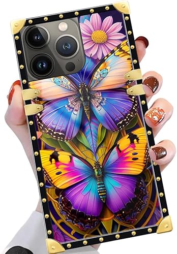 Funda cuadrada compatible con iPhone 15 Pro Max (6.7 pulgadas), hermosa mariposa Flosers dorada, de lujo, suave TPU duro, parte trasera de