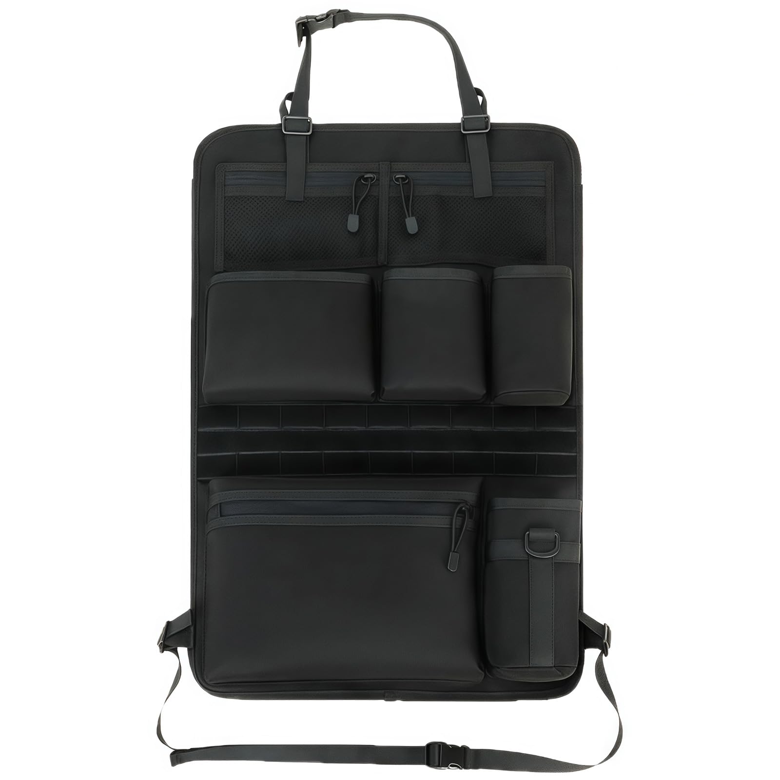 Rücksitz Organizer, Taktischer Autositz Organizer 7 Taschen Autositz Tasche mit 2 Netztaschen, 3 Taschen, 1 Reißverschlusstasche, 1 Becherhalter & MOLLE-System Sitztaschen für Autositz, 42x61cm