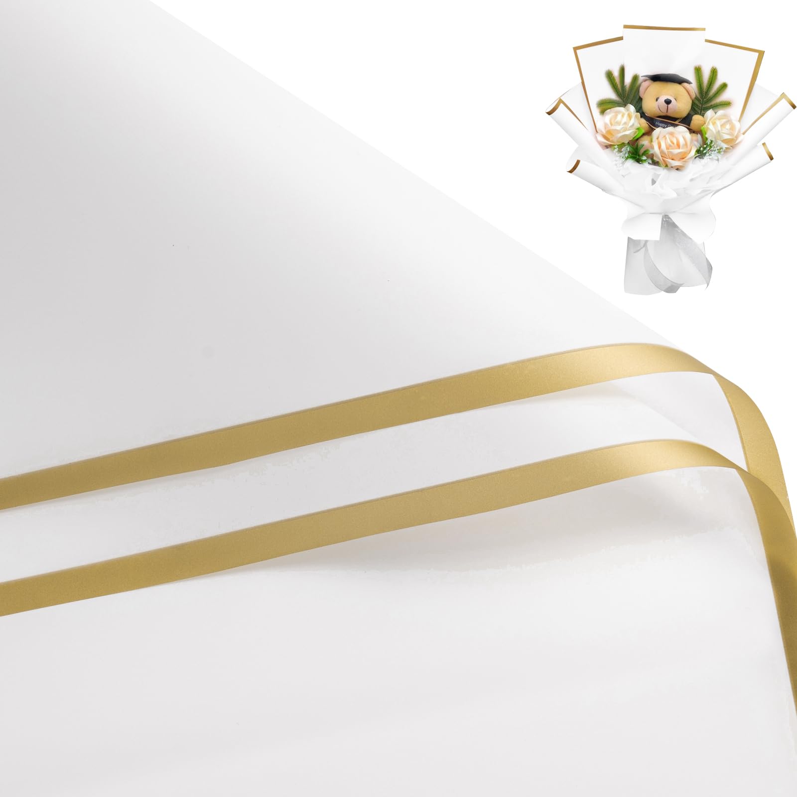Loveinside 20 Sheets Flower Wrapping Paper - Gold Edge Waterproof Floral Bouquet Wrapping Paper - Florist Supplies Packaging Paper for Birthday, Wedding and DIY Crafts - White