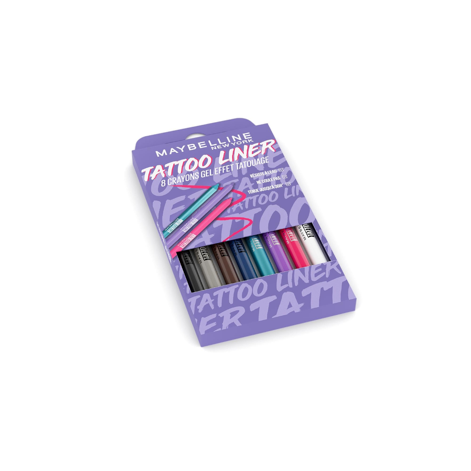 Maybelline New-York – Juego de bolígrafos de gel efecto tatuaje efecto ojo – resistente al agua y 36 horas – delineador de tatuajes – 8 colores