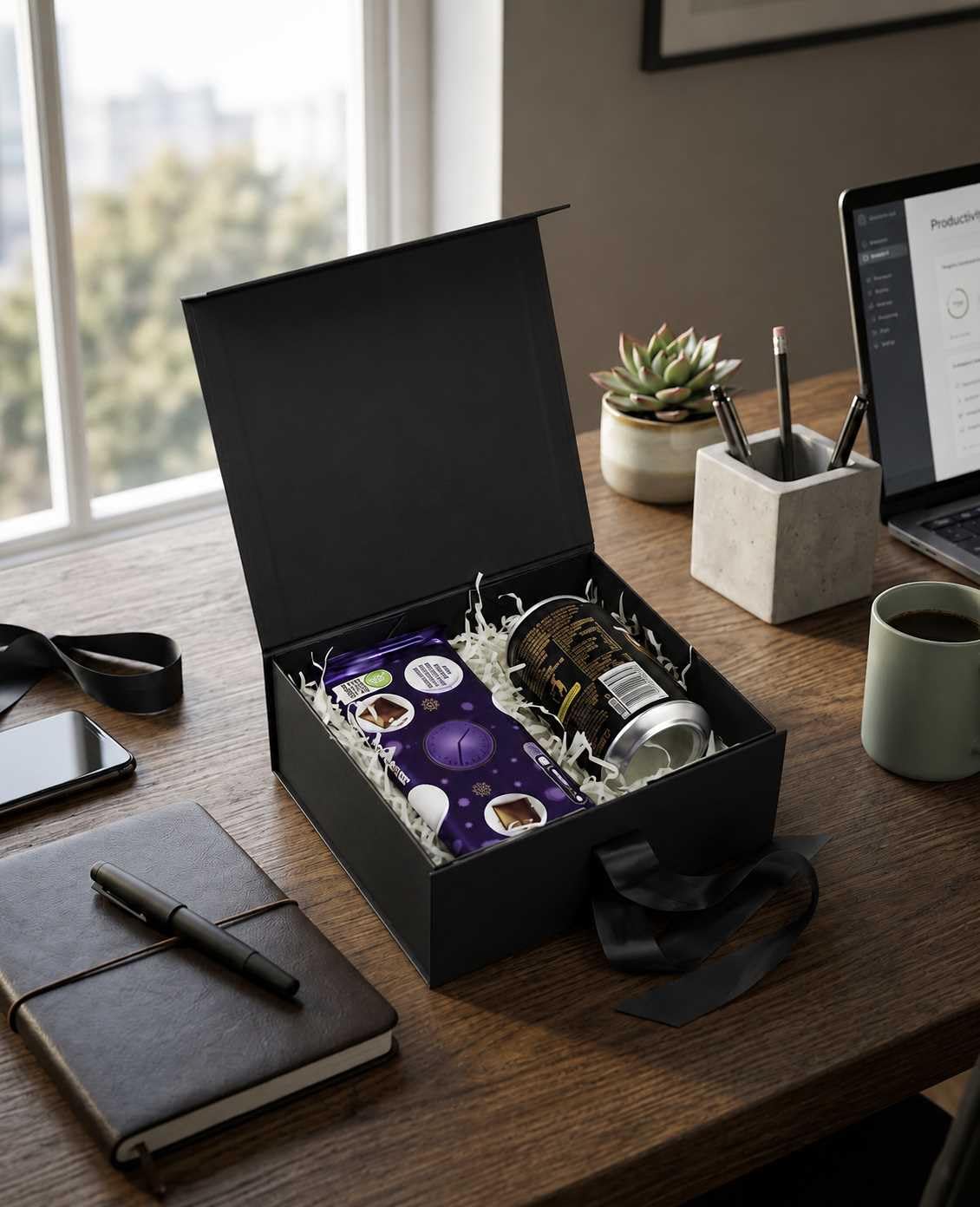 Emartbuy Schwarze magnetische Geschenkbox mit Schleife, 20 cm x 18,2 cm x 8 cm, 5 Stück