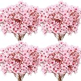 Tigeen 25 Pcs Artificial Cherry Blossom Flower Silk Cherry Blossom Branches 15.7 Inch Fake Floral Branches Bundles Faux Flower Stems for Vase Home Wedding Table Centerpiece (Pink)