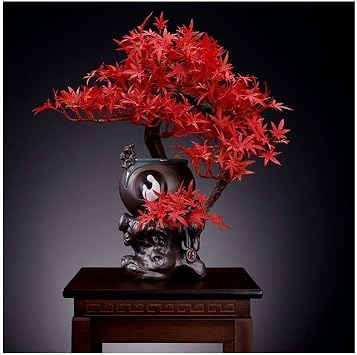 Feng Shui Artificial Bonsai Tree with Ceramic Figure Statue, Fake Tree for Desktop Display, Indoor Faux Potted Plant