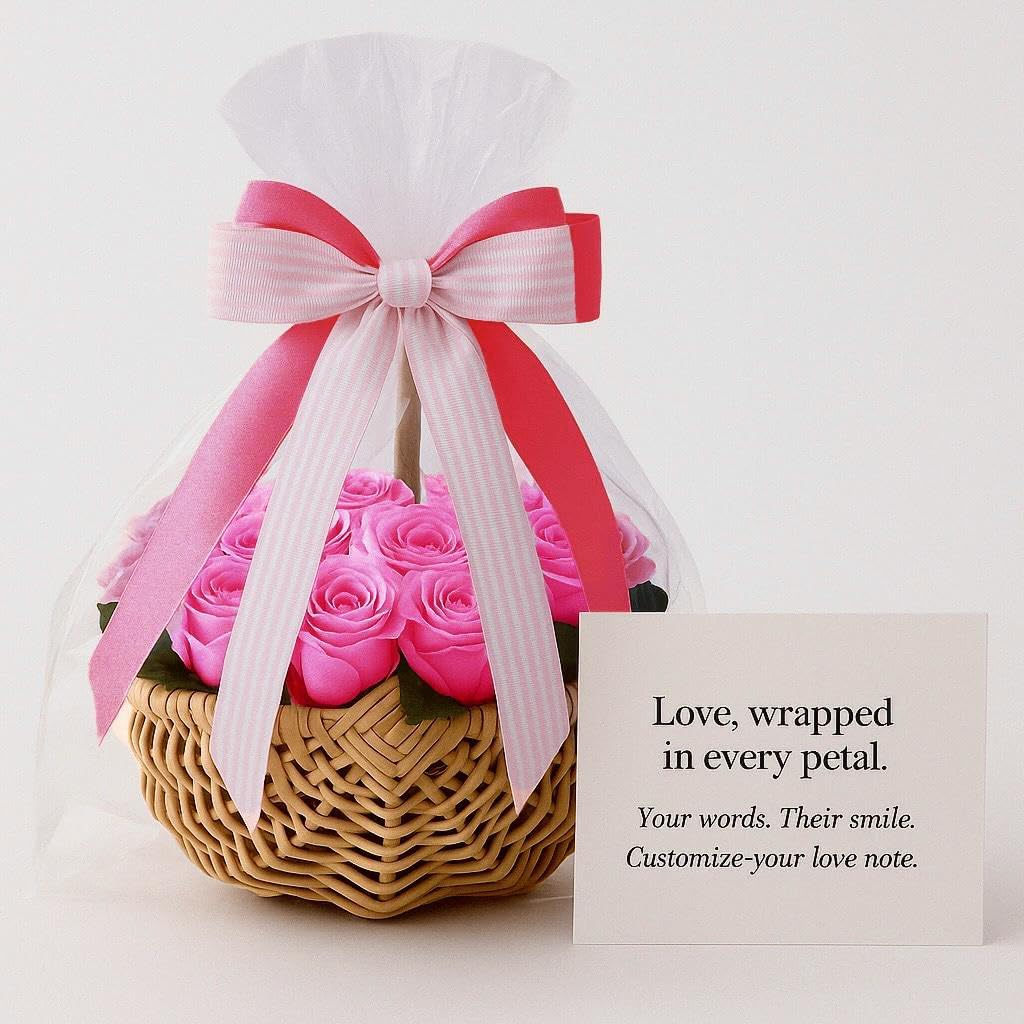 Preserved Flower Decorative Basket, Artificial Floral Arrangement (Vibrant Pink Petal, Standard)