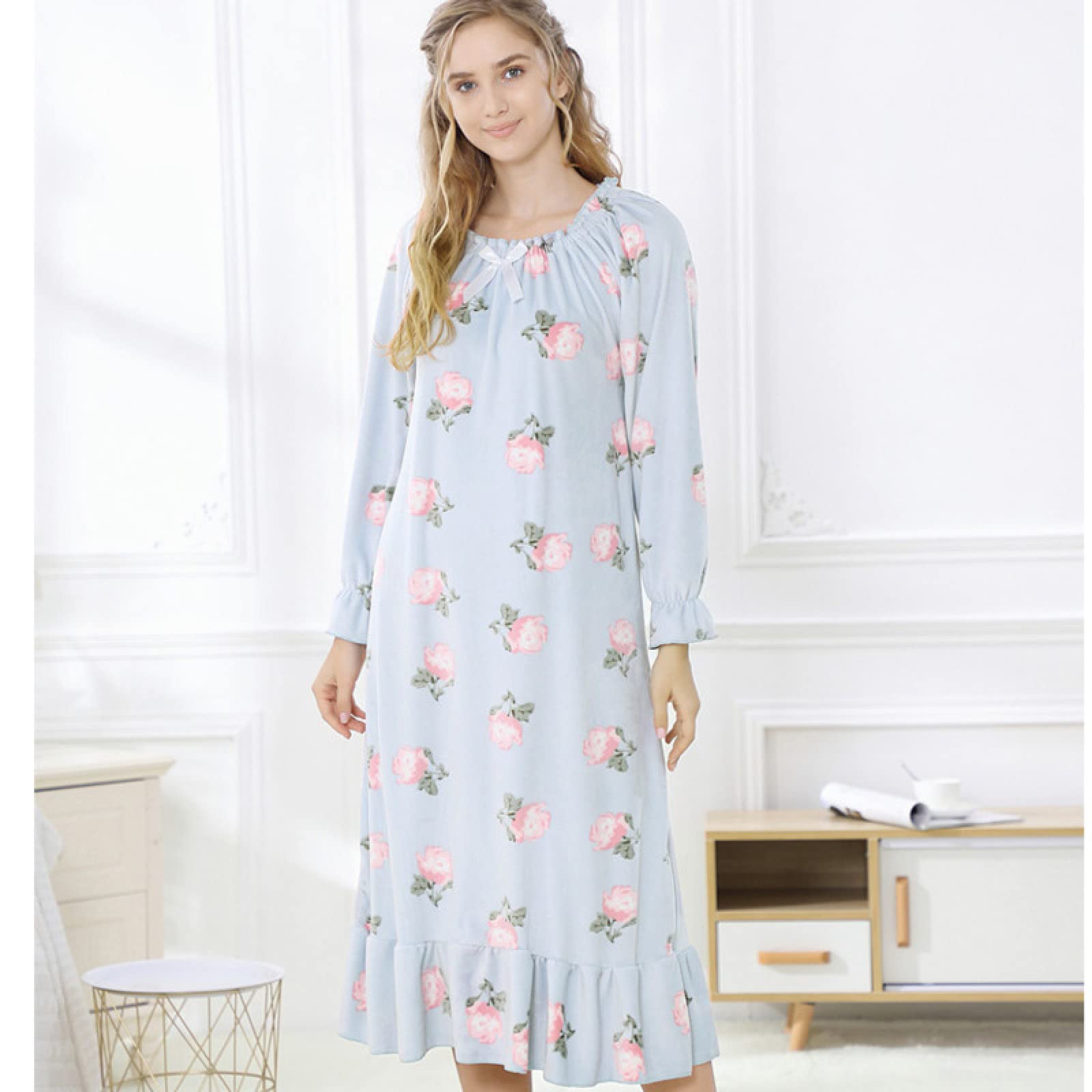OFFSUM Camisón De Pijama De Mujer - Primavera Otoño Cuello Redondo Vellón Cómodo Camisón Lencería Elegante Ropa De Dormir Lindo Ropa De Casa Ropa De Camisón