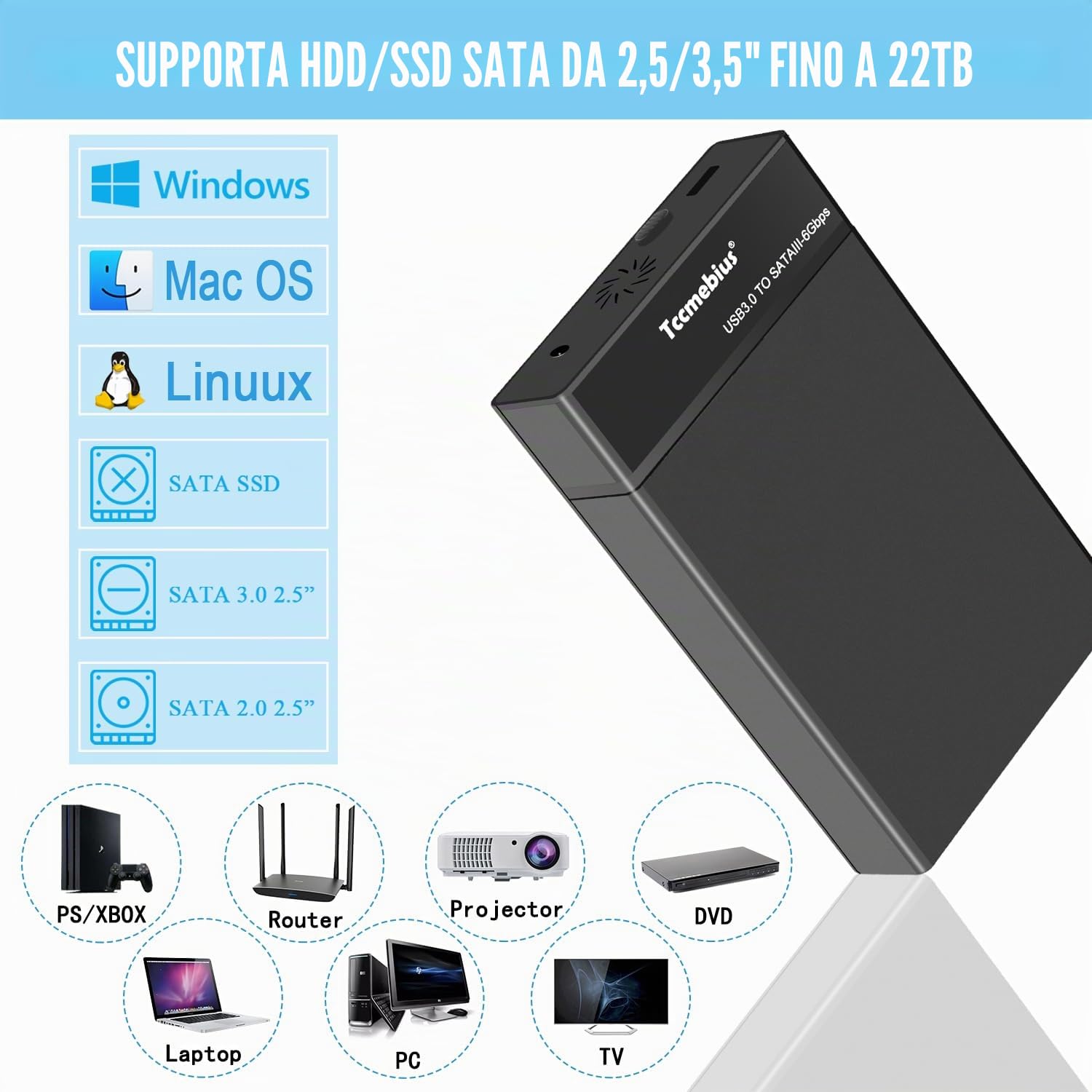 Case Esterno Disco Rigido 3,5 Hard Disk Enclosure USB 3.0 per 2,5/3,5 Pollici SATA HDD SSD Fino a 22TB, con Alimentatore 12V/3A Cavo USB A/C, Supporto UASP Funzione Sonno Automatica (TCC-S8)
