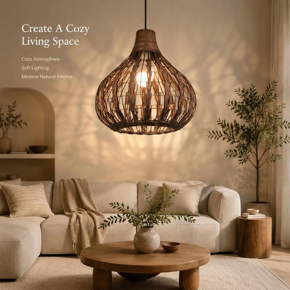 13,78 Brązowa Lampa Wisząca Z Naturalnego Rattanu, Pleciony Klosz Do Lampy Wiszącej W Kształcie Latarni, Wisząca Lampa Sufitowa, Ręcznie Robiony Klosz Do Wyspy Kuchennej W Korytarzu I Przedpokoju