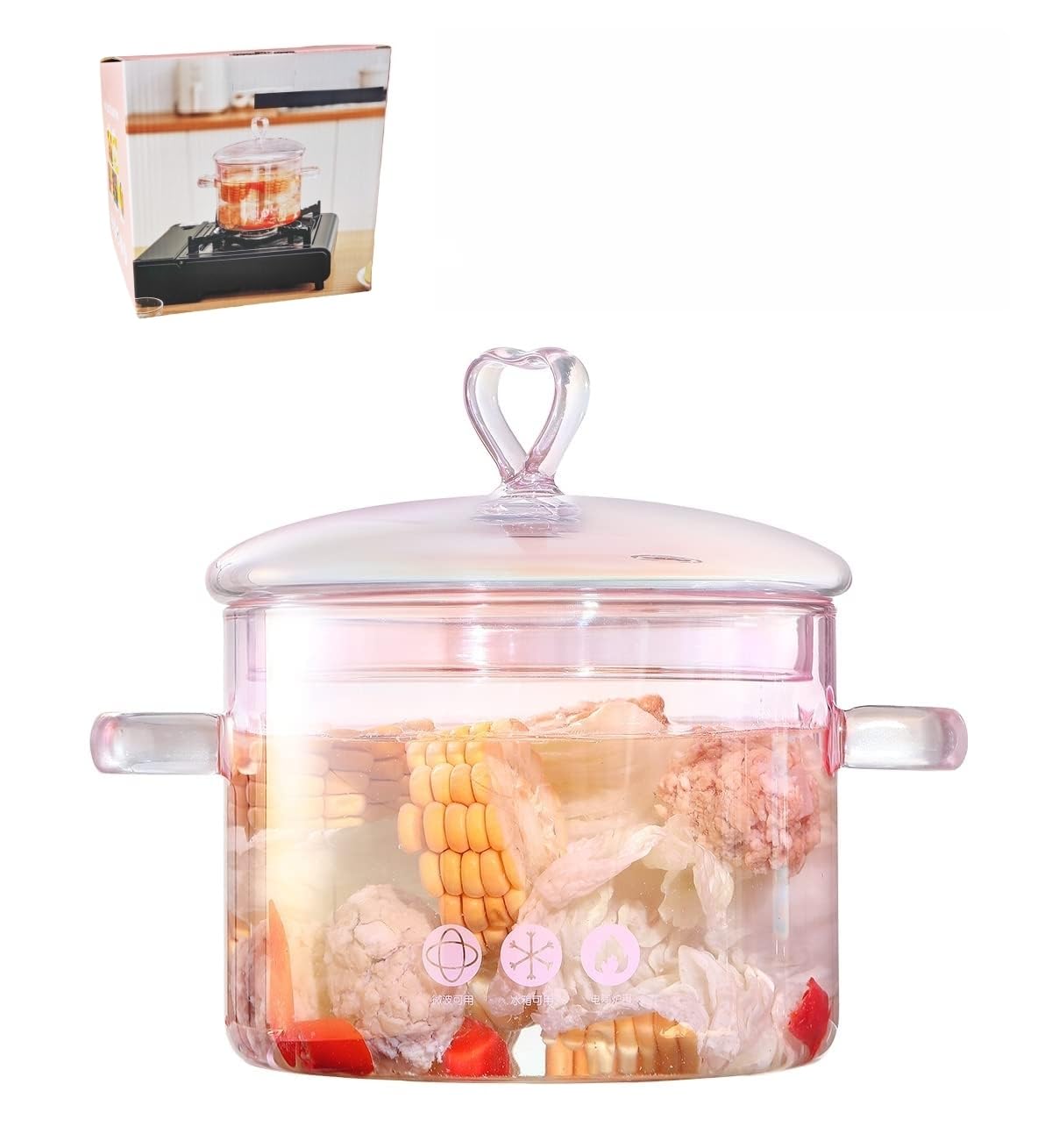 Photo 1 of 2L Pink Glass Simmer Pot, 2000ml/2.2Qt/68oz, Glass Pots for Cooking on Stove, Heart-shaped Lid, Heat Resistant, Oven, Gas, Electric, and Dishwasher Safe, for Potpourri Pasta Soups