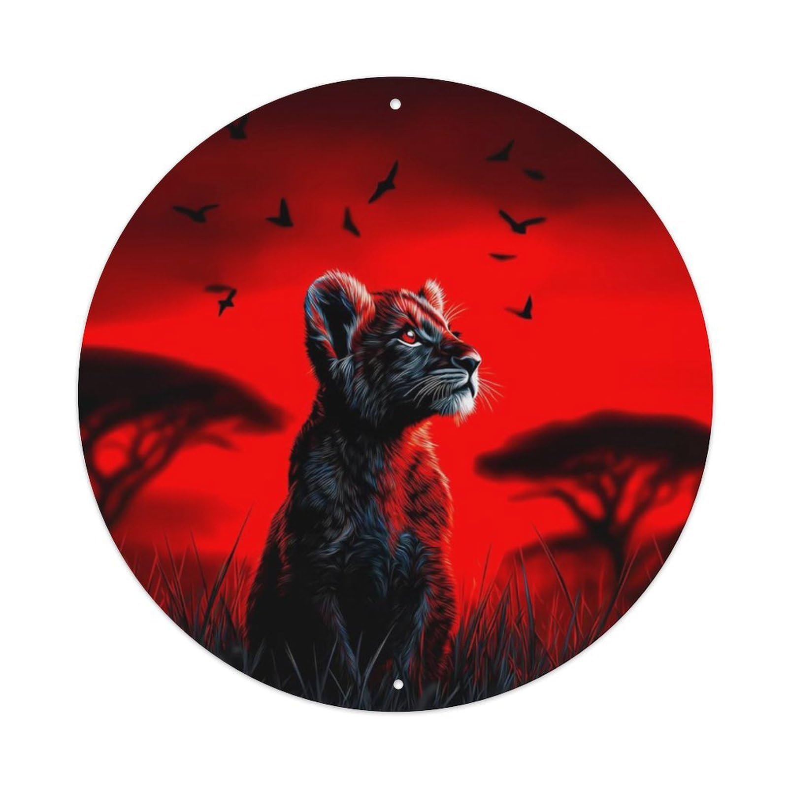Animal Lion Cub African Savanna Red Sky Vintage Metal Tin Sign Plaque Wall Decor for Cafe, Club Bar, Office, Garden Metal Poster 8x8Inch