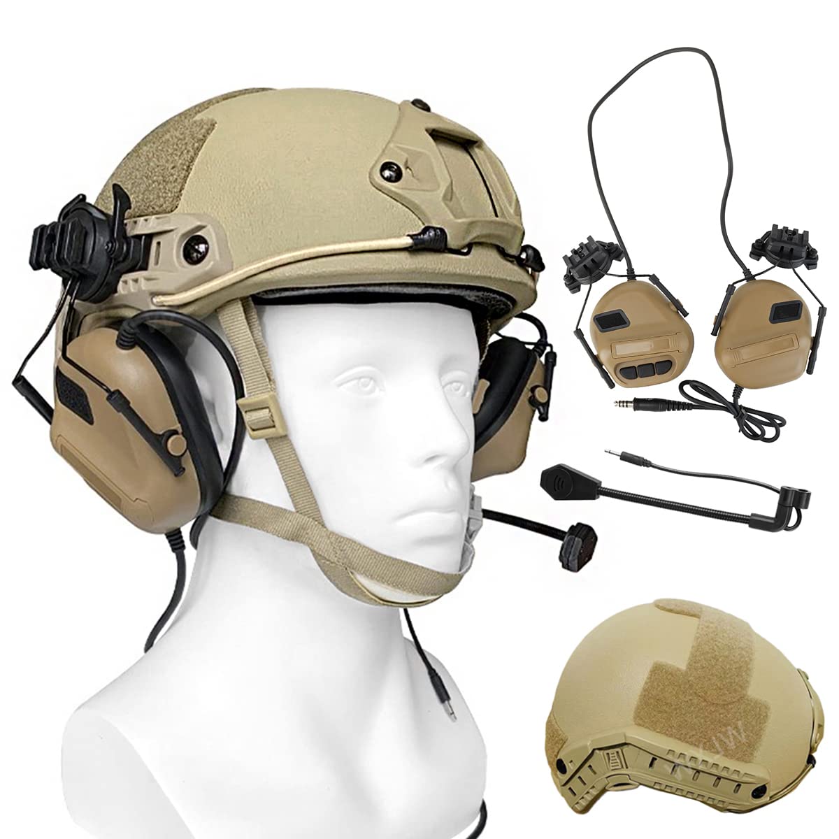 WLXW Casco Antiproiettile in Kevlar E Set di Cuffie Tattiche Regolabili, Casco Tattico Balistico di Livello 3 Leggero con Cuffie con Cancellazione del Rumore del Casco