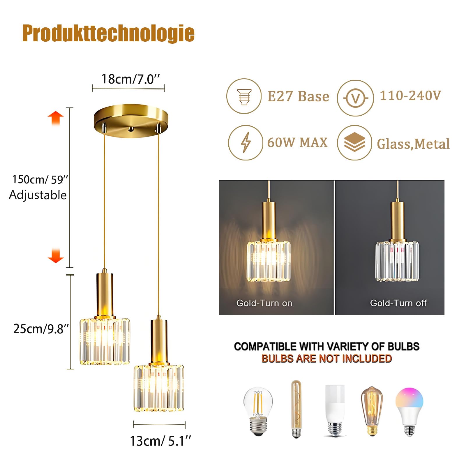 Mini Lámpara Colgante Dorada en Cristal K9, Base E27, Altura Ajustable, Lámpara Moderna de Vidrio para Comedor, Cocina, Dormitorio y Bar (2-luces)
