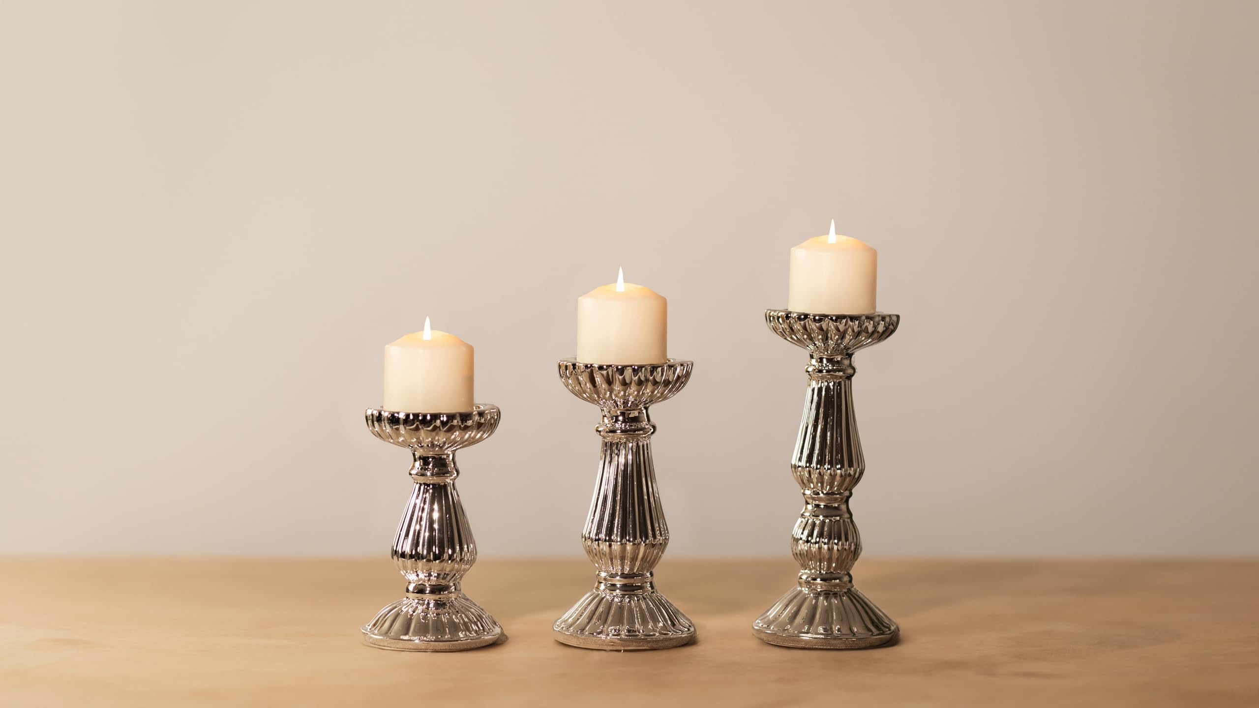 Marco Paul 3 Piece Polished Pillar Candle Holder Set Elegant Festive Home Decor Warm Light Christmas Decorations Dining Table Living Room Kitchen Decor Christmas Candle Holder Dinner Candles Resin